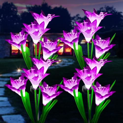 Lampes Solaires d'extérieur, Lot de 4 solaires lys Fleurs à LED avec 7 Couleurs changeantes - pour Jardin, terrasse, Cour, allée, fête, clôture de Mariage - Violet