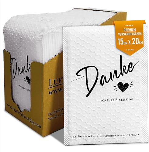 LUFTPOLSTERUMSCHLÄGE 50 Stück Weiße Luftpolstertaschen mit Herz und Aufschrift Danke für Ihre Bestellung 150x200 für Din A6 Luftpolster Versandtaschen für Warensendung