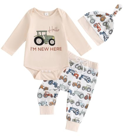 Vioyavo Infant Baby Boys 3Pcs Fall Outfits Long Sleeve Romper Tractor Print Pants with Hat Set Newborn Cute Clothes Set (Green, 3-6 Months)