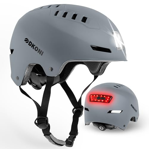 DKONI Bike Helmet with LED Lights Bicycle Helmets Commuter Cycling Helmet USB Rechargeable Front & Back LED Light Helmet for Adult Men Women (Large, Grey)