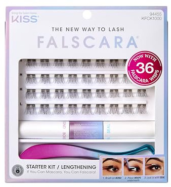 FALSCARA Complete DIY Eyelash Extensions Starter Kit, Bond & Seal, Precision Applicator & 36 Lengthening 10mm-12mm Natural Volume Lash Extension Wisps, Sporty Style & Rounded Shape