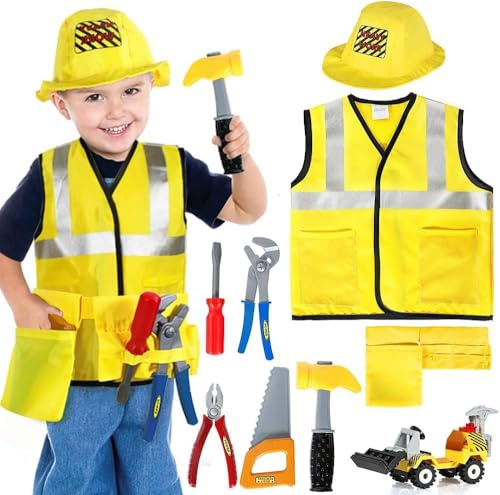 Tacobear Operaio Edile Costumi per Bambini Travestimento Operai con Attrezzi da Lavoro Giocattolo Costume di Ruolo Bambini Regalo per Natale Halloween Carnevale