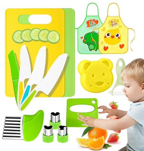 Juego de cocina para niños Utensilios de cocina reales para niños | Juego de cortadores de cocina para niños de 15 piezas - Las actividades para niños incluyen cortador de sándwiches, pelador en Y