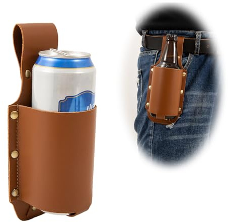 QCWN Beer Holster for Belt Western Cowboy PU Leather Beer Jacket Holder Funny Beer Gifts for Men Dad Husband – Drinking Accessories for Grilling, BBQ Tailgating & Bachelor Party