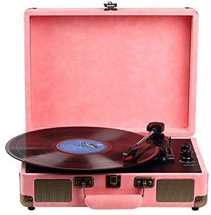 Tocadiscos Portátil con Altavoces Bluetooth Incorporados, Tocadiscos De Maleta De 3 Velocidades Admite Salida De Línea RCA, Entrada Auxiliar, Conector para Auriculares Fo,Pink