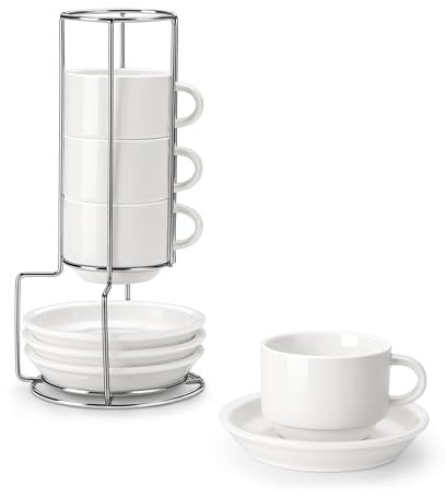 MALACASA Serie REGULAR, Juego de 4 Tazas de Café para 4 Personas, 150 ml, Servicio de Café Apilable con Platillo y Soporte Metálico, Ideal para Espresso, Capuchino, Latte, Moka y Té, Color Blanco