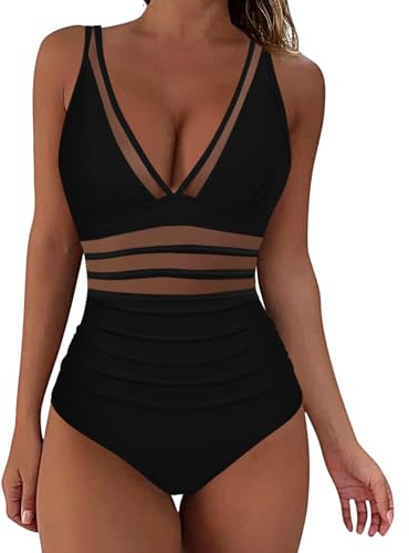 Zeiayuas One Piece Swimsuits for Women Mesh Swimming Costumes V Neck Swimwear Push Up Padded Swimwear Tummy Control Bathing Suit Ruched Monokini Swimsuit Monokini Sports Beachwear Ladies UK Black