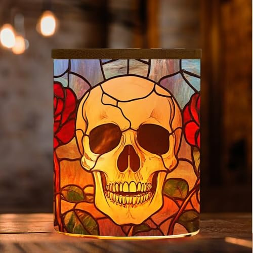 MLGB Stained Glass Skull Memorial Tea Light Holder with Bamboo Lid, Rose Flower LED Tea Light Candle Skeleton Sympathy Tealight Holder, Tealight Jar for Bookshelf/Dining Table/Living Room