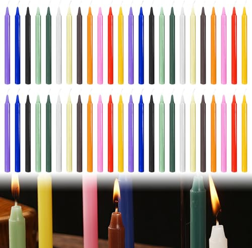 Lot de 48 bougies à tige colorées - Petites bougies Dripless - 15 cm de haut - Bougies coniques pour chimes - Bougies colorées - Couleurs pastel pour communauté, anniversaire, banquet, mariage