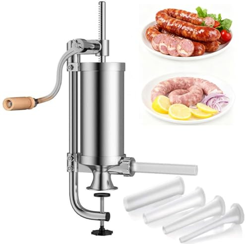 Holzsammlung 2.5LBS Embutidora de Chorizos Manual - Máquina Rellenadora Salchichas Acero Inoxidable, con 4 Boquillas y Base de Succión, para Hacer Embutidos Caseros, Chorizos, Salchichas Carne Picada