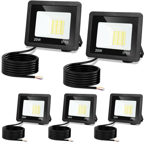 Monucep Lot de 5 projecteurs LED d'extérieur 20 W à intensité variable 3000 K/4000 K/6500 K, étanche IP65, pour jardin, cour, portes, pelouse, garage, classe énergétique E