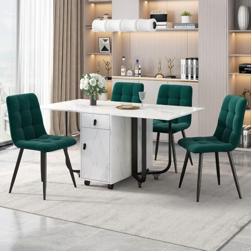 Sairedel Gruppo da pranzo, (set, 150 × 80 × 76 cm con 4 sedie), set da da cucina pieghevole sedia imbottita di design con schienale, piano del tavolo in MDF bianco