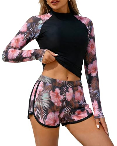 Supcomsta 2 Piece Rash Vest for Women Long Sleeve Swimming Costume with Shorts, UPF 50+ Sun Protection Swimsuits for Women, Quick Dry Swim Wear for Women UK (UK, Alpha, M, Regular, Regular, Black)