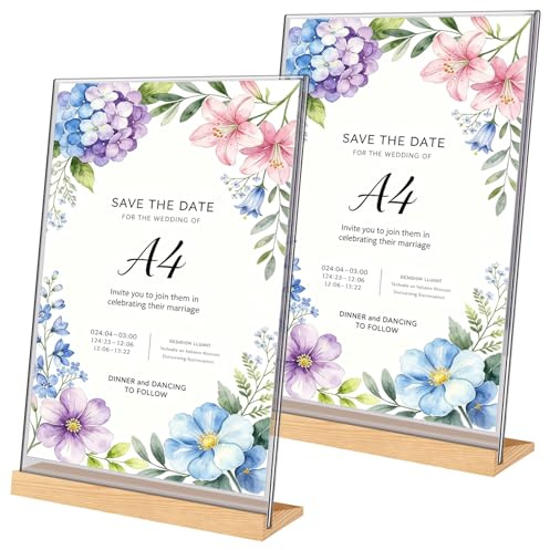 2 Pièces Présentoir A4 Transparent Support Affiche A4 avec Socle en Bois Support Plexiglass A4 inclinés en L pour Les Bureaux, Les Restaurants, Les Magasins, Les Hôtels(21 x 29,7 cm)