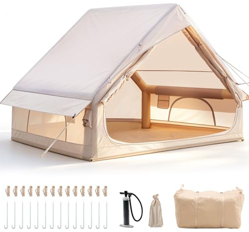Tienda de campaña inflable con bomba, tienda de campaña inflable para camping, 4 temporadas, resistente al agua y al viento, tienda de campaña Oxford con ventanas y puertas de malla para 2-4 personas,