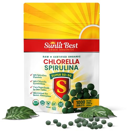 Sunlit Super 50/50 Organic Chlorella Spirulina Tablets - Super Greens Supplement for Immune Support, Gut Health, Mood & Energy - Rich in Chlorophyll, Amino Acids & Vegan Protein, 1000 Superfood Tabs