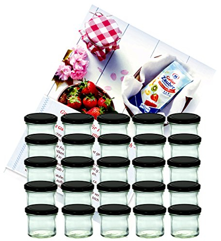 MamboCat 25er Set Sturzglas 125 ml mit Schraub-Deckel Schwarz I Einmachgläser + to 66 Deckel mit Diamant-Zucker-Rezept I Vorratsgläser konservieren & sterilisieren
