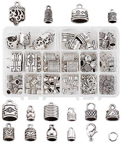 Confezione da 120 tappi terminali in argento, 14 stili tibetani, a forma di colonna, con anelli e chiusura a moschettone, per realizzare bracciali e collane in pelle