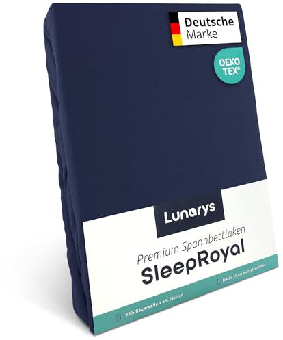 Lunarys® SleepRoyal Luxus Spannbettlaken 160x200cm - Dunkelblau - 250 g/m² Premium Bettlaken - 40 cm Steghöhe für hohe Matratzen, Boxspringbett & Matratze + Topper & Wasserbett - Stretch Jersey