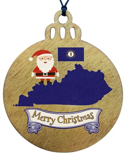 Kentucky Christmas Ornament - Wooden Disc Featuring State Flag, Map Silhouette, and Santa Claus - 2026 Wood Decoration for Tree - Unique and Home Decor
