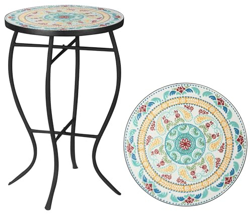 Outsunny Mesa de Jardín Redonda Mesa Auxiliar de Mosaico con Patas de Metal para Patio Terraza Exterior Balcón Ø35,5x53,5 cm Turquesa