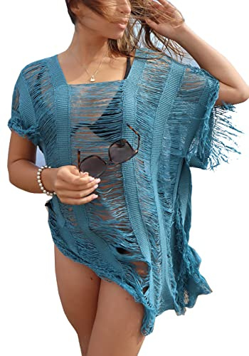 YouKD Dam hålstickad tunika virkade toppar strand poncho sommar strand cover up klänning, F påfågelblå, En Storlek