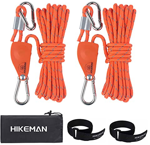 Hikeman Camping Rope with Ratchet Pulley,Quick Setup Outdoor Guy Lines Adjustable Tent Tie Downs Rope Hanger for Canopy,Kayak and Canoe,Grow Light (Orange)