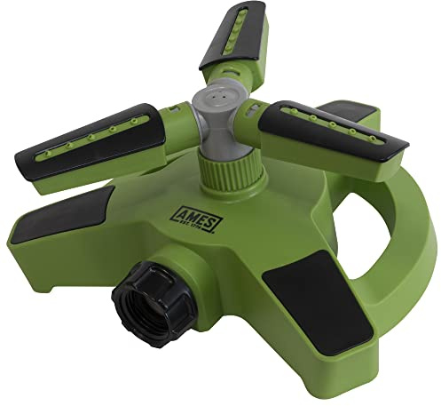 AMES Rotating Revolving Sprinkler with 3 Arms, 360 Degrees, Adjustable Lawn or Garden Watering, Large Spray Area Coverage, Easy Hose Connection, Green