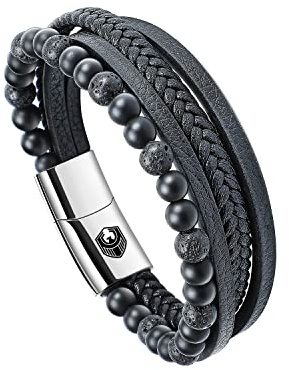 SHIEAGLELD Bracciale Uomo Pelle Classico Cuoio Braccialetto Uomo con Calamita Fibbia in Acciaio Inossidabile ed Esclusivo Portagioie per Braccialetti l'idea di Regali