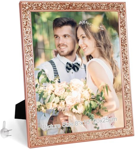 HIKWADERY 8x10 Picture Frame Glitter, Rose Gold Bling 8 by 10 Photo Frames with HD Real Glass, for Wall or Tabletop Display, Family Friends Wedding Christmas Day Gift (8 x 10, Rose Gold)