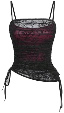 SOLY HUX Women's Ruched Lace Cami Top Drawstring Sleeveless Clubwear Sexy Gothic Tops Black and Red Small