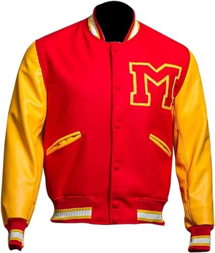 MERCH ATTIRE Chaqueta universitaria para hombre, estilo bomber Letterman, para la escuela secundaria, de béisbol, Estilo 5: rojo y amarillo, M
