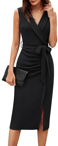 GRACE KARIN Women's Wear to Work Sleeveless Ruched Bodycon Office Pencil Midi Dresses with Belt Black