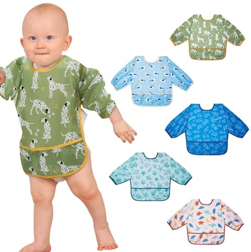 Lictin Lätzchen Baby, 5 Stück Lätzchen mit Ärmeln, Baby Lätzchen für 0-24 Monaten, Lätzchen mit Auffangschale, Babylätzchen für Jungen, Lätzchen Baby Abwaschbar, zum Bemalen