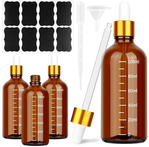 Xishoyen 4 stycken pipettflaskor, 100 ml glasflaska med pipett och skala, brun apoteksflaska, droppflaska med tratt, droppare och klistermärken för eteriska oljor, parfymoljor