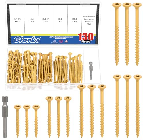 Glarks Kit de 131 tornillos de cubierta de 8 x 1-1/2 pulgadas, 8 x 2 pulgadas, 9 x 2-1/2 pulgadas, 9 x 3 pulgadas, 10 x 3 pulgadas, incluye 130 tornillos de cabeza plana Star Torx y 1 broca Torx T25