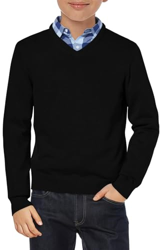 Haloumoning Jersey para niños con cuello en V, uniforme de manga larga, jersey de punto monocolor, básico, informal, ligero, Negro , 9-10 años