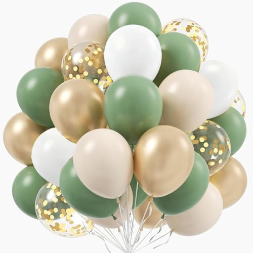 Ballonger Grön Guld, 60 st. ballonger Salviagrön Beige-set, latexballonger Eukalyptus Grön Vit med guldkonfetti, heliumballonger för födelsedag, bröllop, tropisk safari, babyparty-dekoration