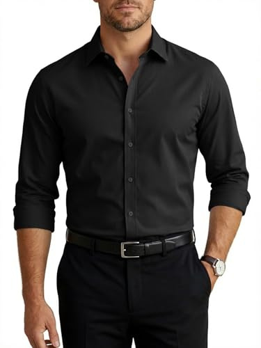 Runcati Camisa de manga larga elástica para hombre, camisa de negocios para hombre, lisa, ajustada, casual, fácil de planchar, camisa con botones, Negro, M
