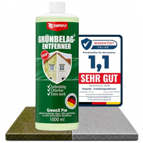 GreenX Pro Grünbelagentferner Konzentrat, selbsttätig gegen Grünbelag, Algen & Pilze ohne Schrubben – für Terrasse, Fassade, Dachziegel und Stein – chlor & säurefrei, 1000 ml (bis zu 100 m²)