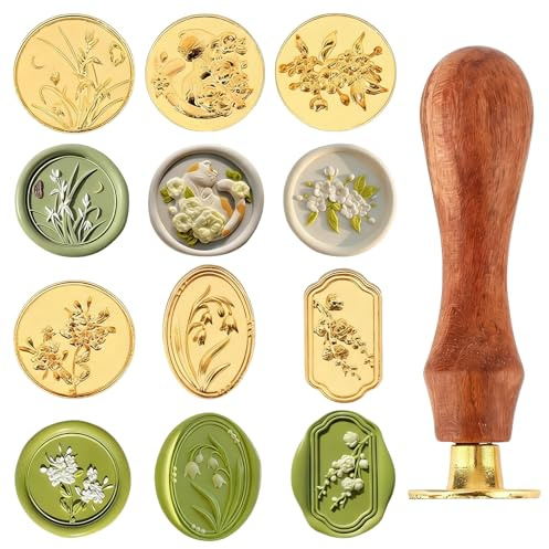 Wax Seal Stamp Kit with 6 Interchangeable Heads Removable Wooden Handle for Elegant Sealing on Envelopes Invitations Cards and Gift Wrapping