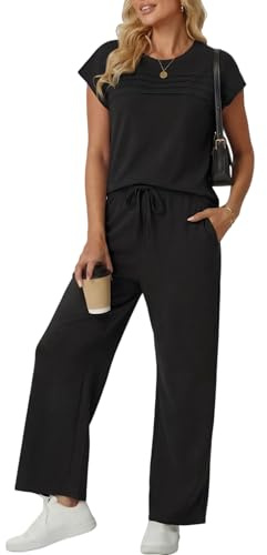 GRECERELLE Women's Two Piece Lounge Set, Striped Short Sleeve Top with Wide Leg Pants, Black, Wrinkle-Resistant, Travel and Casual Wear
