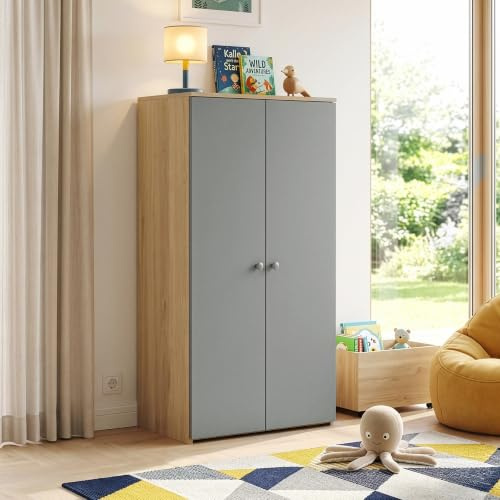 [en.casa] Armoire Enfant Beldinupp 123 x 60 x 40 cm Effet Chêne Gris | chambre, meuble de rangement, vêtements, penderie, placard, stockage, design sobre, hauteur adapté, fermeture douce