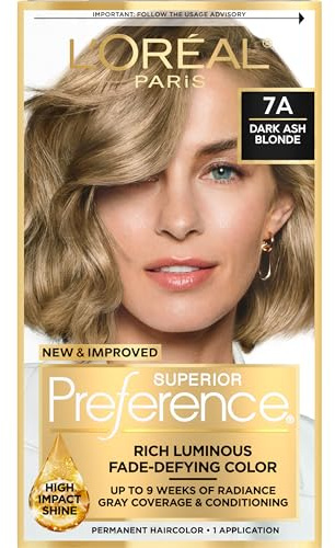 L'Oreal Paris Superior Preference Luminous Fade-Defying Permanent Hair Color, Hair Dye For Up to 9 Weeks of Radiance, Dark Ash Blonde 7A, 1 Hair Dye Kit