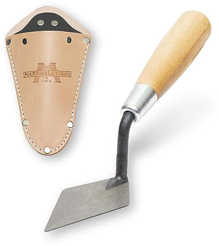 Marshalltown Archäologiekelle, starre Spitzkelle mit Ledertasche, mit Holzgriff, Kelle aus Carbonstahl, Maße der Spitzkelle: 102x51 mm