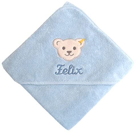 Aclouddate Steiff 2928mn3023 Baby Kapuzentuch mit Ihrem Wunsch-Name Bestickt hellblau 100 cm x 100 cm