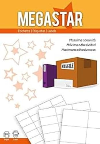 Megastar Etichette Autoadesive bianche multiuso A4, 105 x 36 mm, laser e inket, 100ff, LP4MS-10536