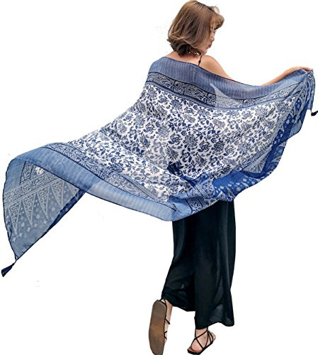 GUZOSJO Women's Boho Cotton Hemp Lightweight Floral Printed Scarf Long Shawl Wrap Scarf Head Shawl for Fall Spring (Blue Floral)