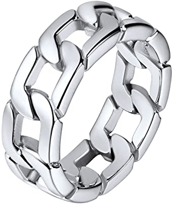 U7 Herren Massiv Kettenring Cuban Link 316L Edelstahl Bandring Panzerkette Fingerring Hip Hop Rapper Silberring Modeschmuck Street Style Accessoire für Männer Jungen(Ring Größe 54.4)