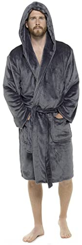 Style It Up Mens Luxury Super Soft Fleece Dressing Gown Bath Robe Hooded Thick Warm Snuggle (Grey Hooded, Large- X-Large)